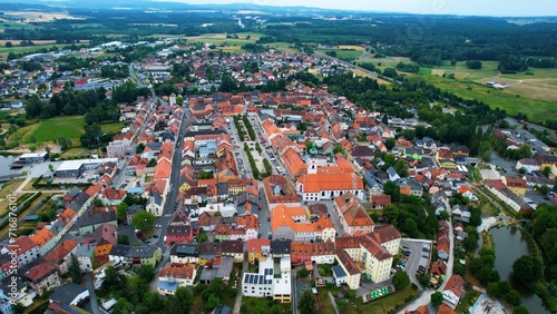 Aeriel of the old town of the city Tirschenreuth in Germany on a cloudy summer day
