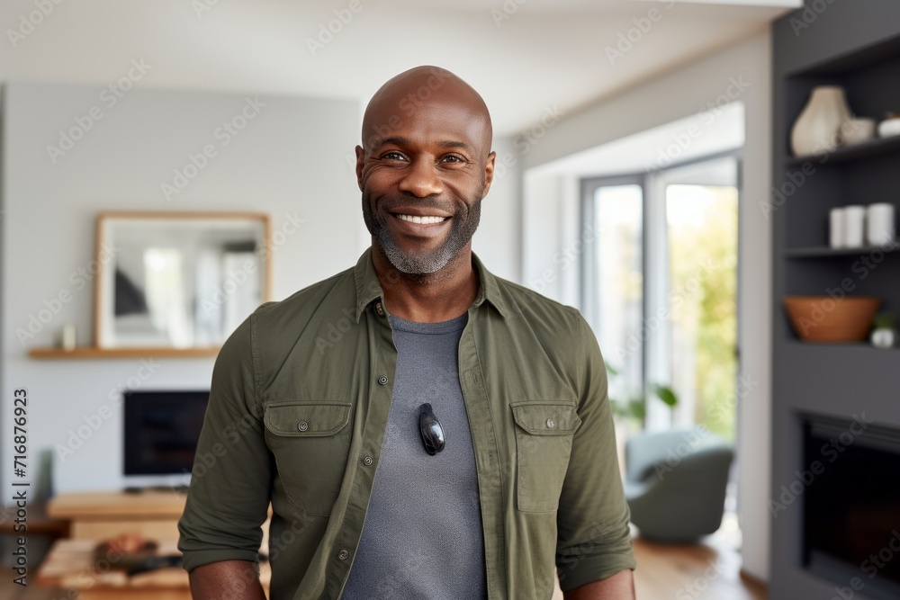Portrait of a cheerful afro-american man in his 40s sporting a breathable hiking shirt against a crisp minimalistic living room. AI Generation Portrait of a cheerful afro-american man in his 40s sporting a breathable hiking shirt against a crisp minimalistic living room. AI Generation