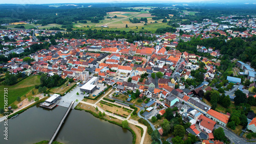 Aeriel of the old town of the city Tirschenreuth in Germany on a cloudy summer day