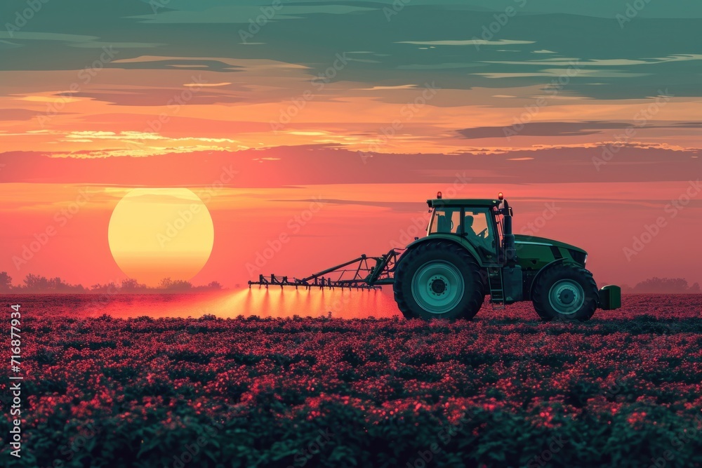 Obraz premium tractor driving at sunset spraying an agricultural crop for agriculture industry and food supply production concepts