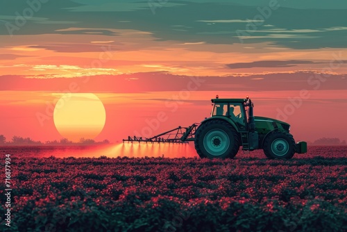 tractor driving at sunset spraying an agricultural crop for agriculture industry and food supply production concepts