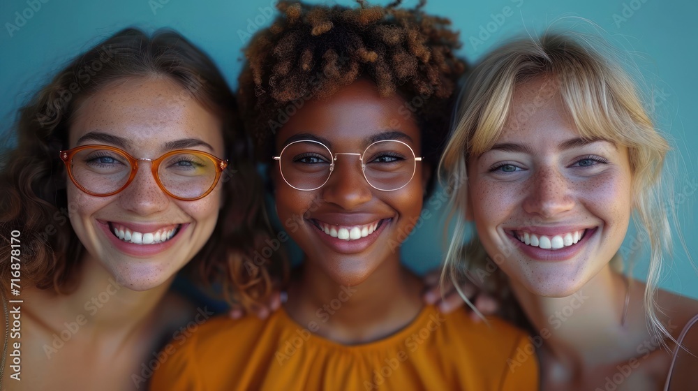 a group of three women standing next to each other in front of a blue ...