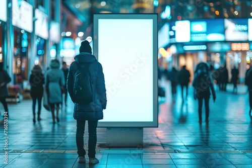 display blank clean screen or signboard mockup for offers or advertisement in public area motion blur people white glow photo
