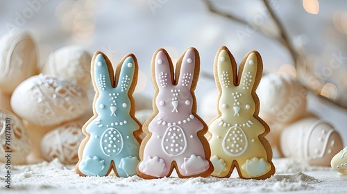 Three bunny shaped cookies decorated with colored sugar icing standing in blurred white background for Easter. Concept, holiday baking, family gathering, enjoying eating together. photo