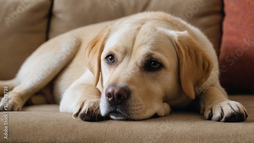 Yellow labrador retriever dog lying on sofa at home