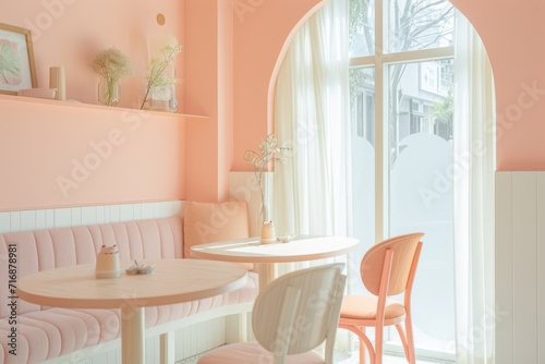 Modern cafe corner with pastel decor, simplistic design, soft and welcoming atmosphere, cozy and stylish © 18042011