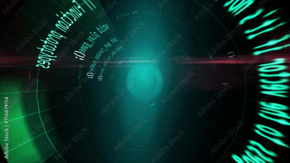 tunnel zoom animation with optical flare red light and coding software language around screen. Camera move straight ahead slowly tunnel zoom animation with optical flare red light and coding software language around screen. Camera move straight ahead slowly