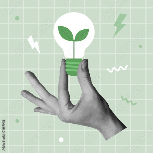 Green industry and sustainability concept. Hand holding power saving lamp. Vector illustration