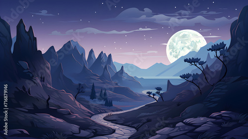 Moon in sky at night background asset game 2D futuristic,, illustration art full moon with mountain view background Free Photo