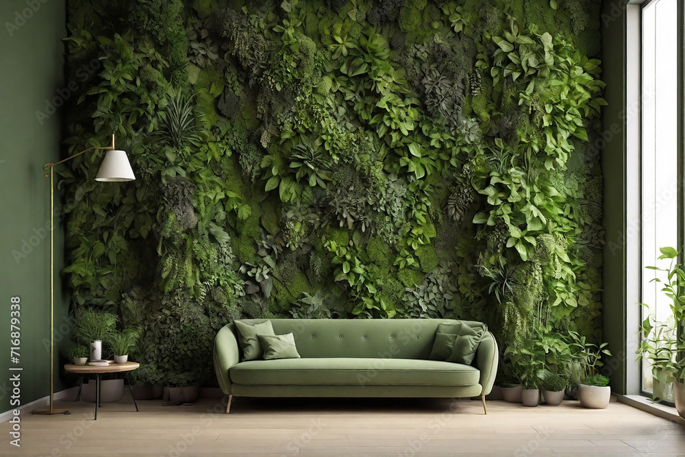 Green living room interior with green sofa and plants. 3d render