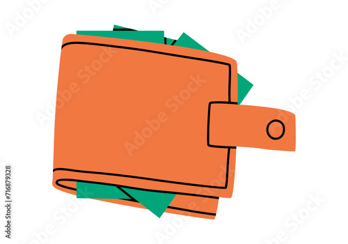 Hand drawn cute cartoon illustration of wallet with banknotes. Flat vector money currency sticker in colored doodle style. Shopping or payment icon or print. Online paying method. Isolated.