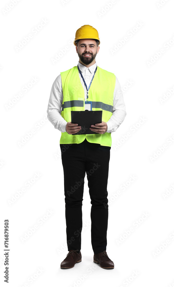 Engineer in hard hat holding clipboard on white background