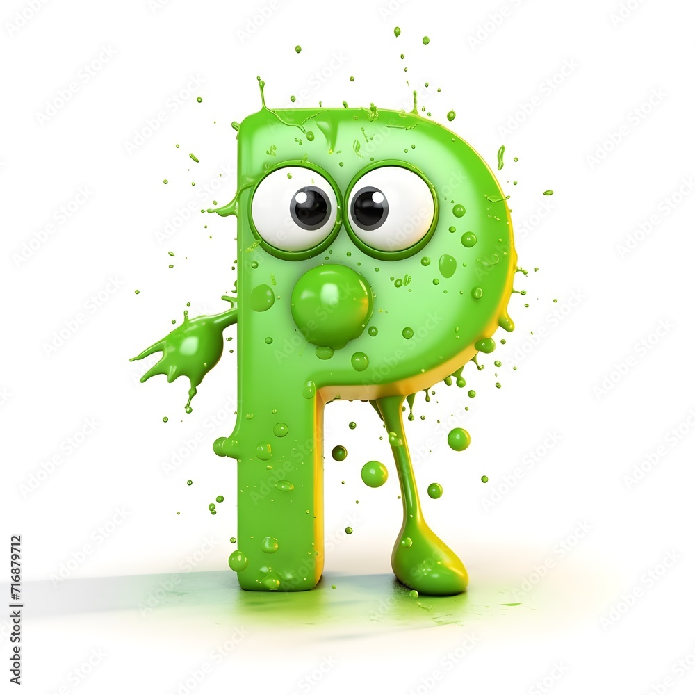 green alphabet letter P with cartoon style little splash water