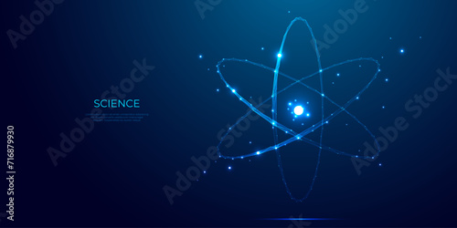 Abstract atom cosmic icon or symbol. Nuclear science concept on technology blue background. Atom or molecule with light orbits and bright sparkles in blue polygonal style. Digital vector illustration.