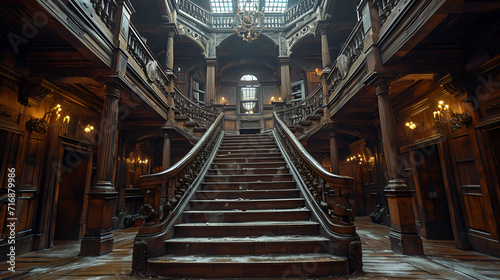 the vast halls and spiral staircases of an expansive wooden estate nestled in a historic town.