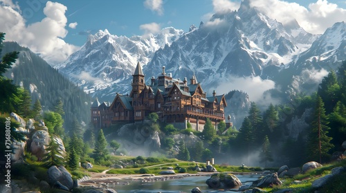 the grand architecture of a colossal wooden residence standing proudly in a picturesque mountain valley.