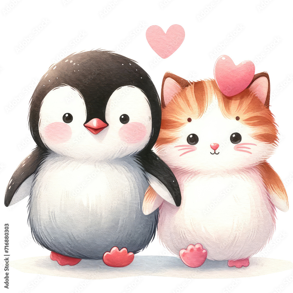 Penguin and Kitten Friends with Love Heart
