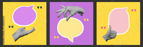 Set of cards with speech bubbles and hands. Empty space for quote, plan and idea. Social media communication. Vector illustration