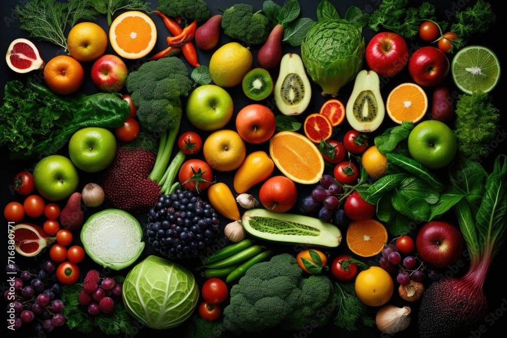 Top view of different organic fresh fruits and vegetables ,  top view different vegetables with fruits, Ai generated
