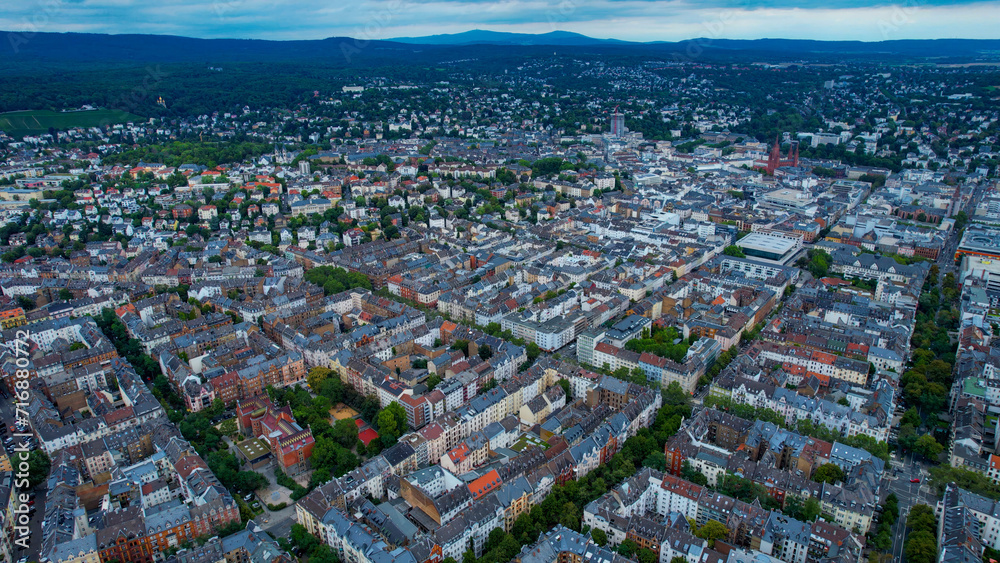 Aerial view of the city Wiesbaden on a cloudy day in late Spring in Germany