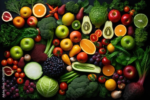 Top view of different organic fresh fruits and vegetables ,  top view different vegetables with fruits, Ai generated © Tanu