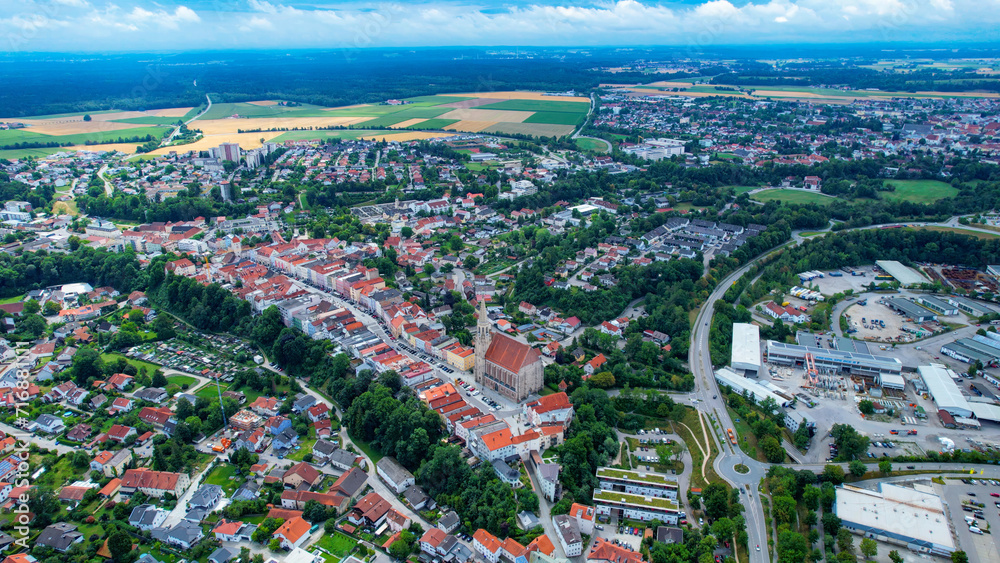 Aerial view of the city Neuoetting on a cloudy day in late Spring in Germany 