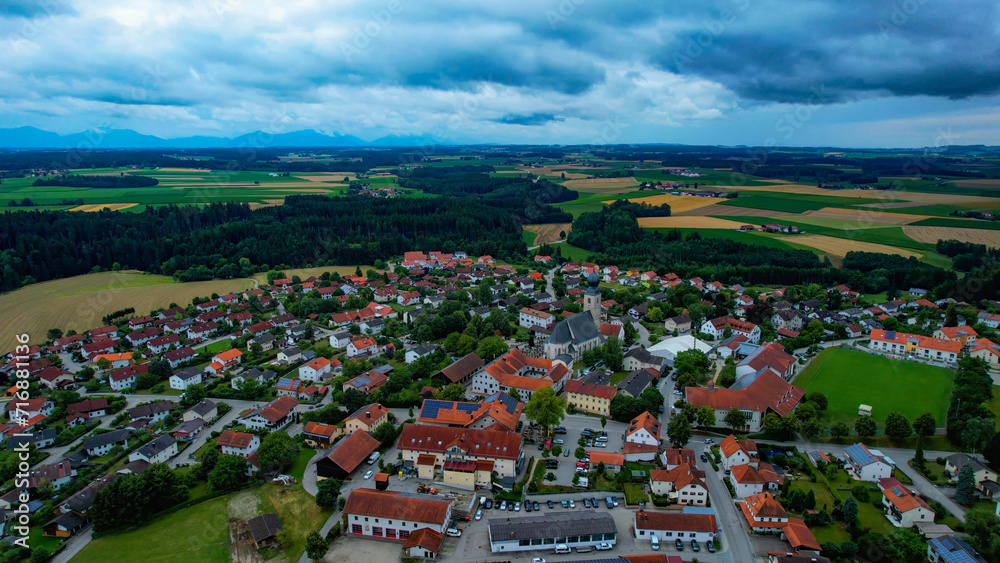 Aerial view of the village Engelsberg  on a cloudy day in late Spring in Germany