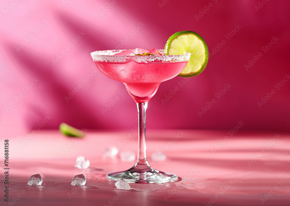 Cosmopolitan cocktail with a slice of lime and ice cubes on a pink background