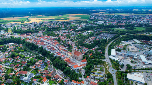 Aerial view of the city Neuoetting on a cloudy day in late Spring in Germany 