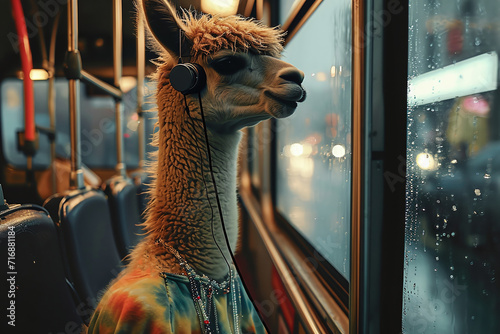 Alpaca with headphones in public transport, bus ride