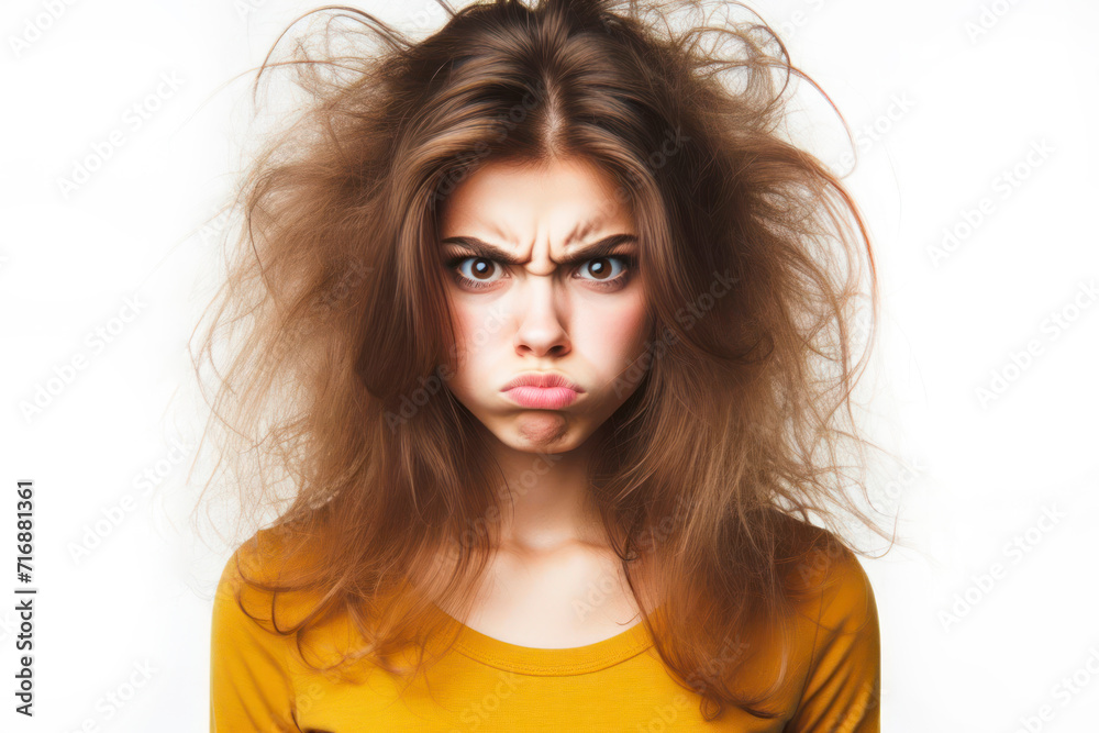 angry girl with unruly hair isolated on solid white background. ai generative