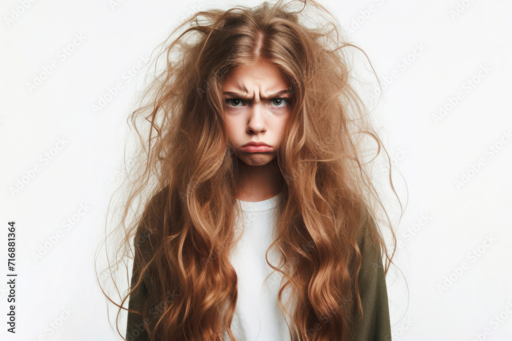 angry girl with unruly hair isolated on solid white background. ai generative angry girl with unruly hair isolated on solid white background. ai generative