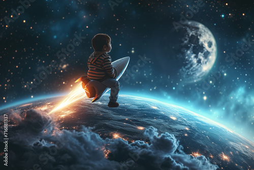 Illustration of a little boy flying on a rocket to the moon, fantastic childhood dreams or daydreams. photo