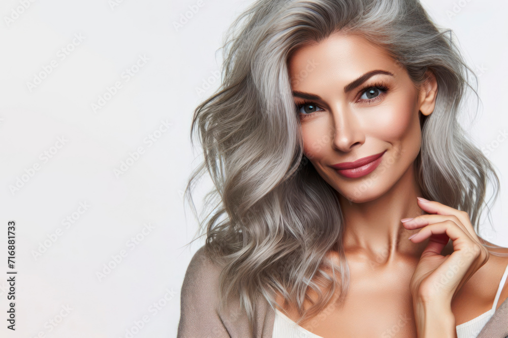 Fototapeta premium Beautiful gorgeous gray-haired woman on solid white bright background. ai generative