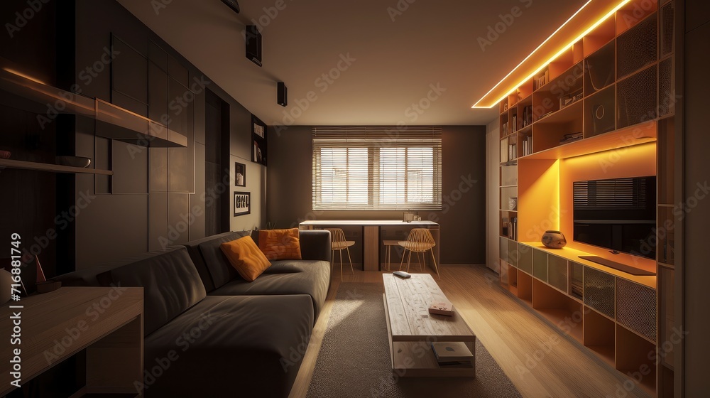 A warm and inviting home space with ambient lighting, an exposed brick wall, and modern furnishings. A warm and inviting home space with ambient lighting, an exposed brick wall, and modern furnishings.