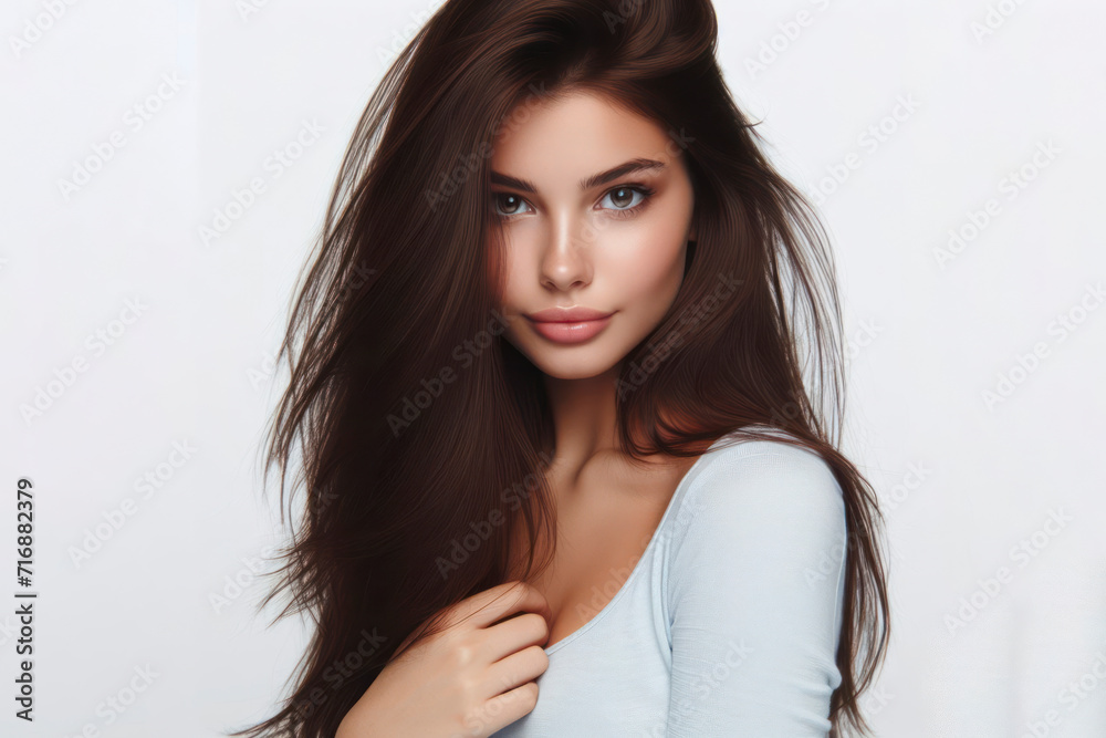 brown haired girl with beautiful dark hair isolated on solid white background. ai generative