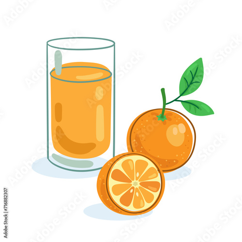 A large glass of orange juice and a fresh orange. Picture in line style. Dark outline with colored spots. Isolated on white background. Vector flat illustration.