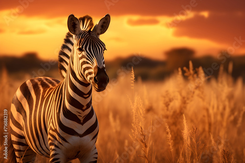 Zebra in the grass with warm light nature at sunset