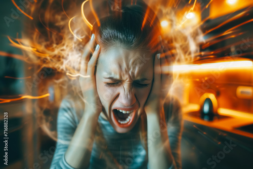 Multiple Exposure Portrait of a Screaming Woman Suffering from Depression at Home in the Kitchen. Mental Illness and Headache Concept. © Karim Boiko