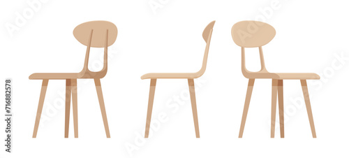 Kitchen dining beige chairs set, bistro tea table, breakfast bar. Living room, natural wooden family cafe interior. Vector flat style cartoon home, office furniture objects isolated, white background