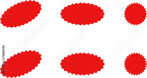 Starburst red sticker set - collection of special offer sale oval and round shaped sunburst labels and badges. Promo stickers with star edges. Vector.