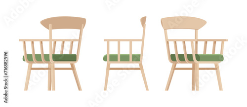 Wooden armchair, living room, patio bistro beige set. Garden, balcony, terrace lounge zone, outdoor cozy seating. Vector flat style cartoon home, office furniture objects isolated on white background