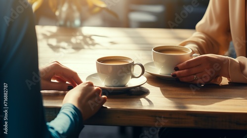 Couple drinking coffee in cafe, close-up. Romantic date. AI.