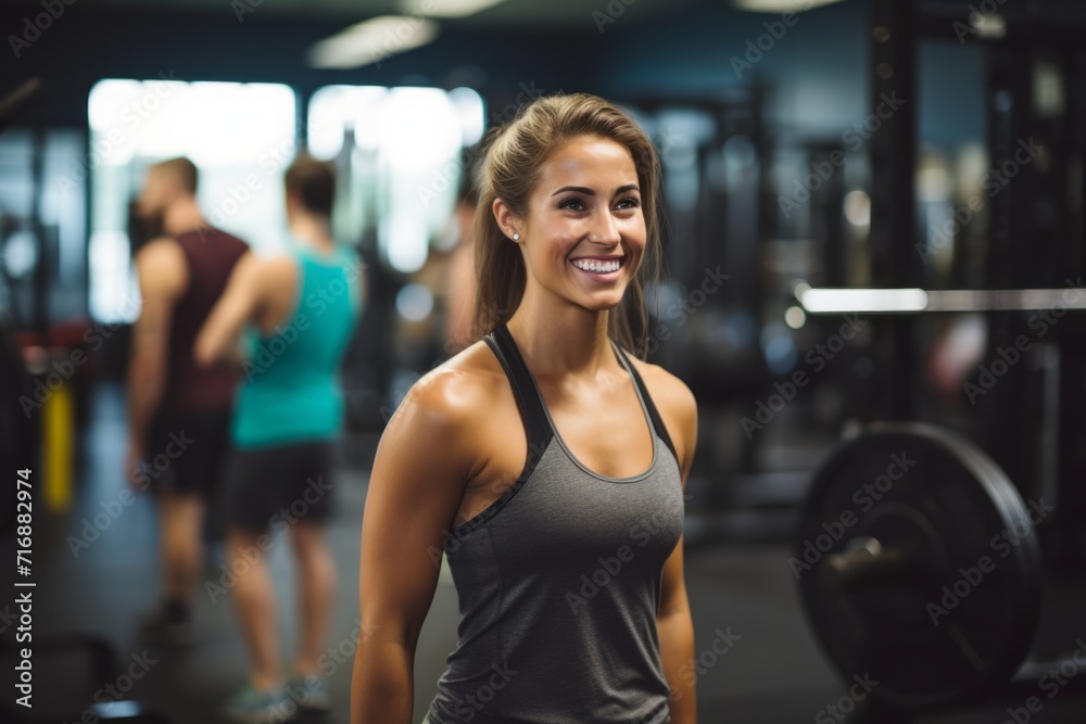 Fototapeta premium Portrait of a satisfied girl in her 30s lifting weights in a gym. With generative AI technology