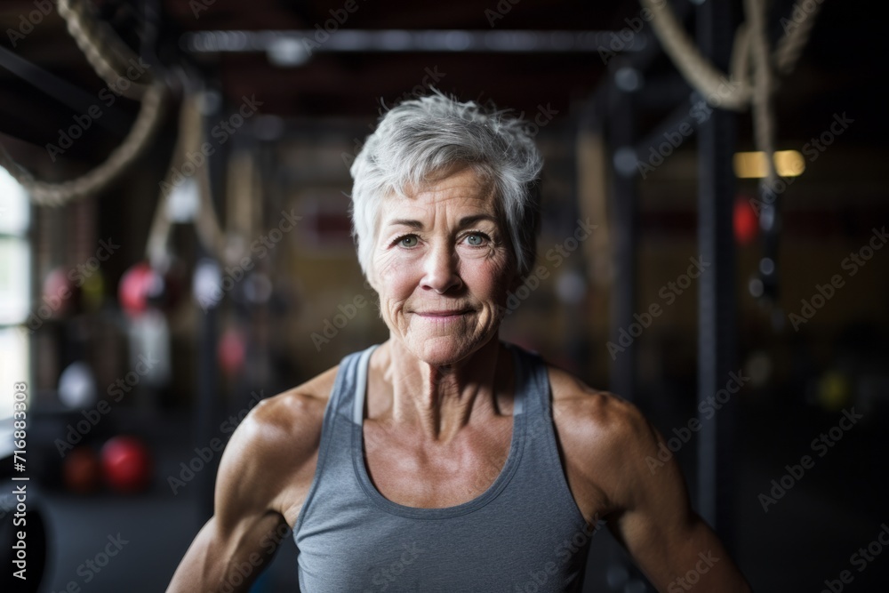 Portrait of a drained mature woman doing crossfit in a box. With generative AI technology Portrait of a drained mature woman doing crossfit in a box. With generative AI technology