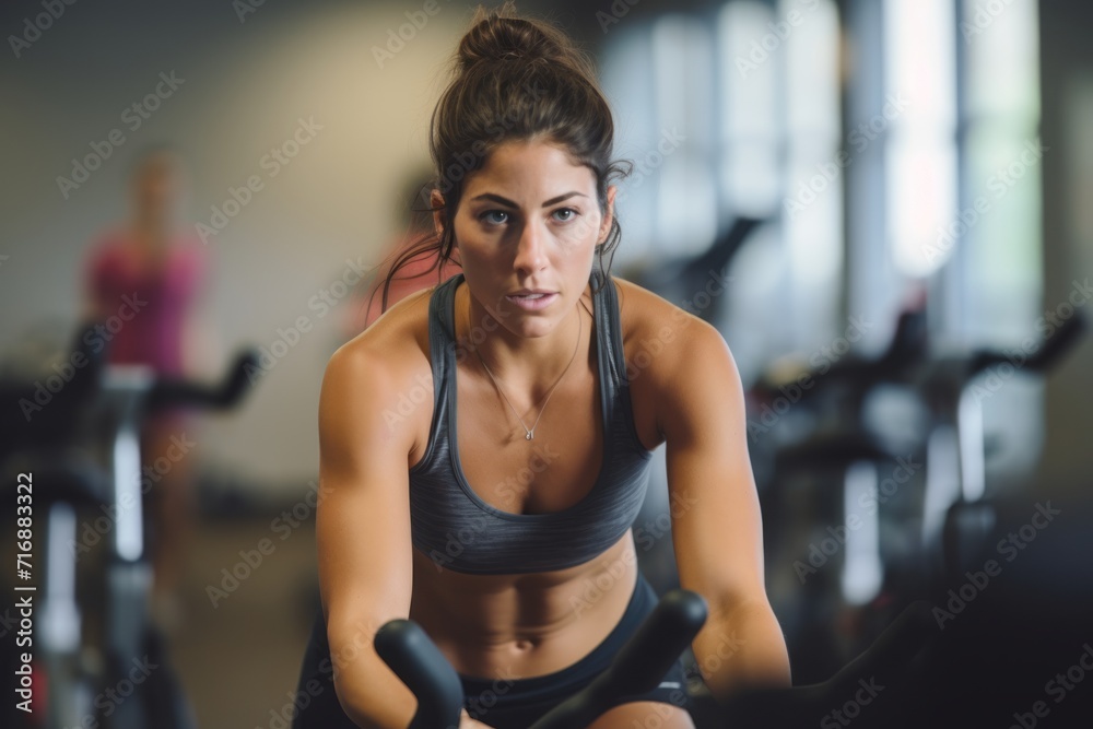 Portrait of a tired girl in her 30s doing spinning in a cycling studio. With generative AI technology Portrait of a tired girl in her 30s doing spinning in a cycling studio. With generative AI technology