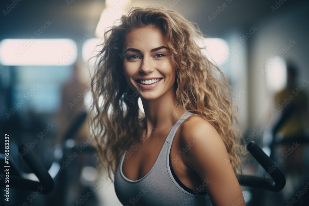 Portrait of an energetic girl in her 30s doing spinning in a cycling studio. With generative AI technology Portrait of an energetic girl in her 30s doing spinning in a cycling studio. With generative AI technology