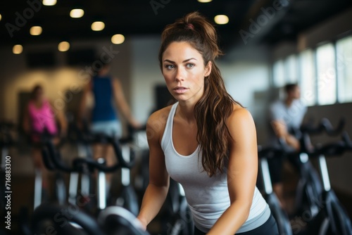 Portrait of a tired girl in her 30s doing spinning in a cycling studio. With generative AI technology