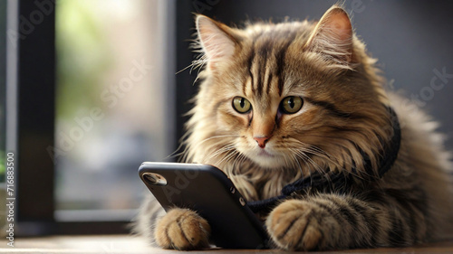 Beautiful domestic cat sitting on sofa in living room and holding mobile phone