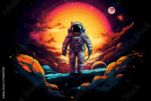 Colorful Astronaut in Outer Space Travels through the Universe. Vibrant Nebulae. Pop Art Style. Concept for Celebrating Cosmonautics Day. Space Exploration, Satellite Launch, Flight to the Moon.